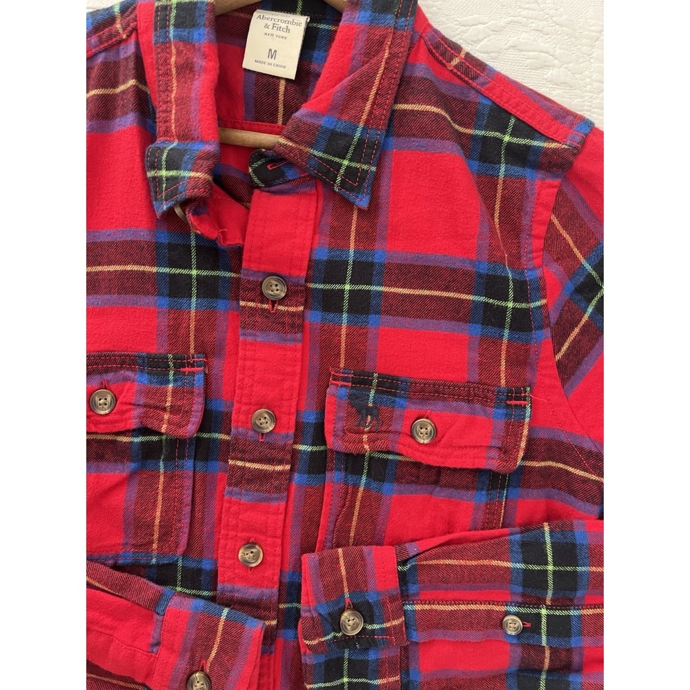 Abercrombie & Fitch Mens M Red Plaid Flannel Shirt Moose Logo 100% Cotton